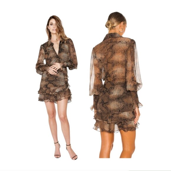 NEW BARDOT 'Bessie' Snake Print Ruffle Tiered Belted Mini Dress size 8 - Picture 1 of 9